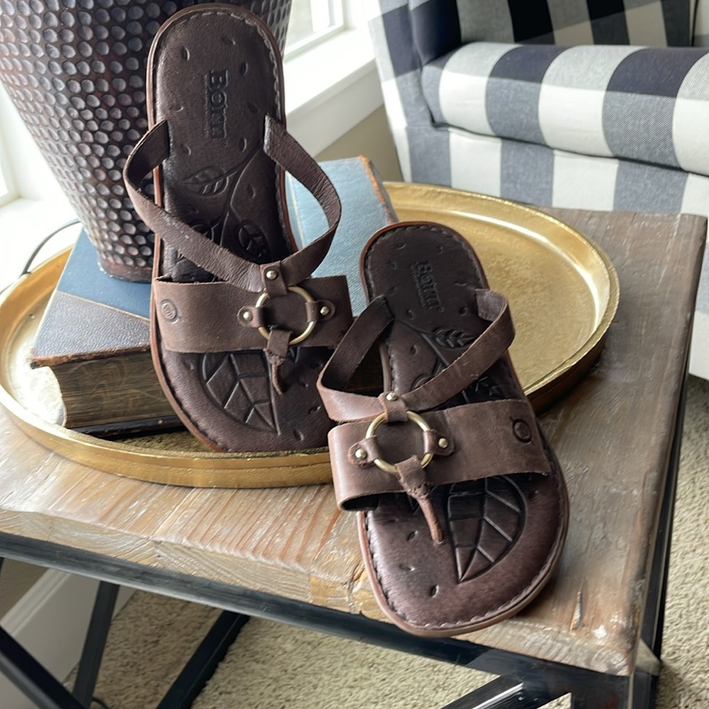 Brown Leather Sandals with Gold Accents